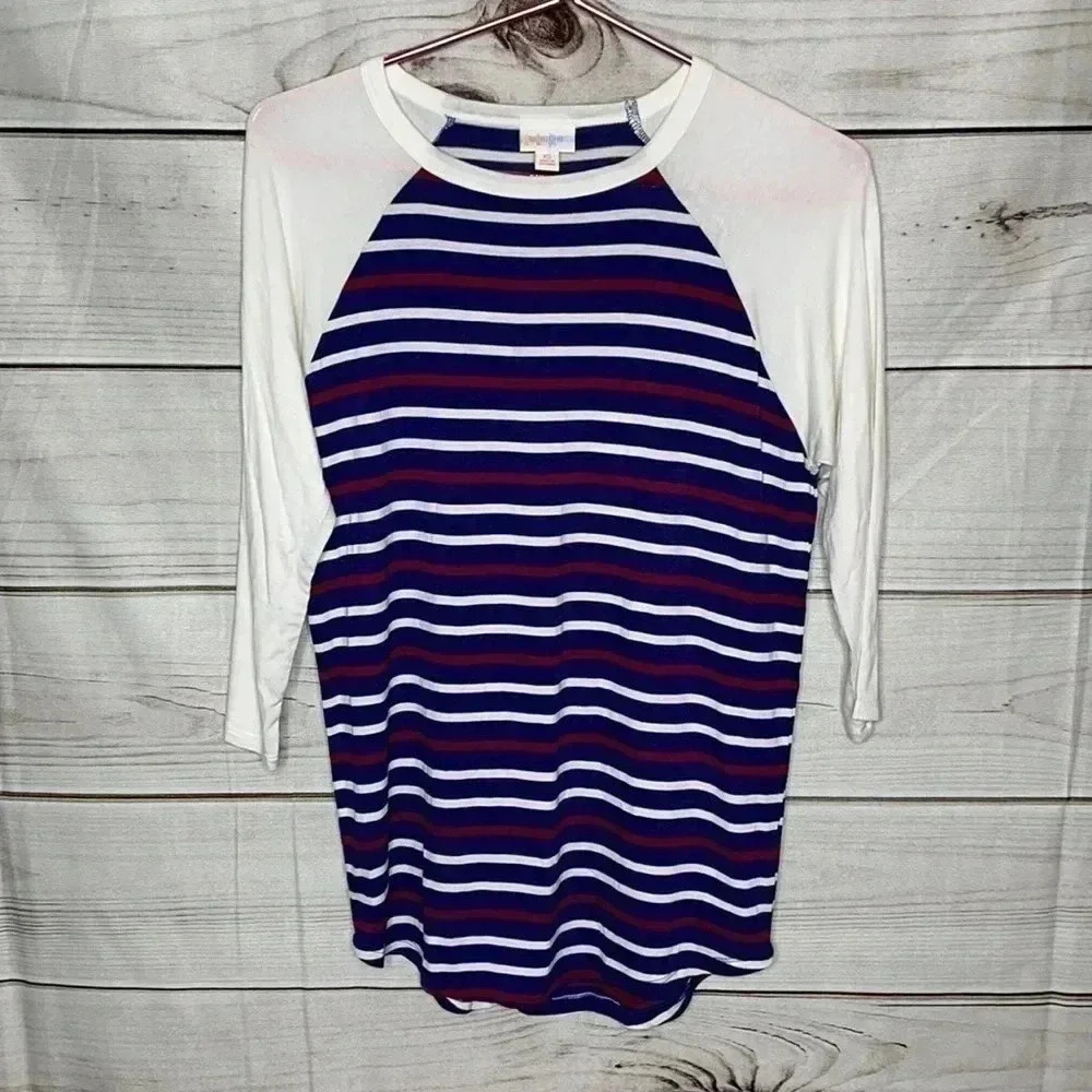 LulaRoe Randy Blue White Red Stripe T Shirt 3/4 Sleeves XS